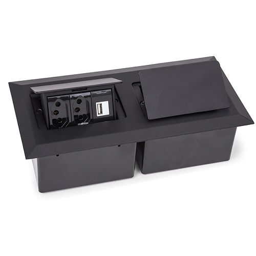 Caixa Embutir Mesa Alumínio com 2 TOMADAS+2 RJ45+2 BL Cegos 264x130 mm Raio 10 mm Preta QTMOV Pratik