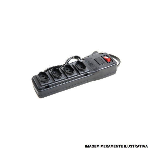 Filtro de Linha PVC com 4 Tomadas 2P+T 10A Bivolt com Fusível com Botão Liga/Desliga Preto com Cabo 1 M