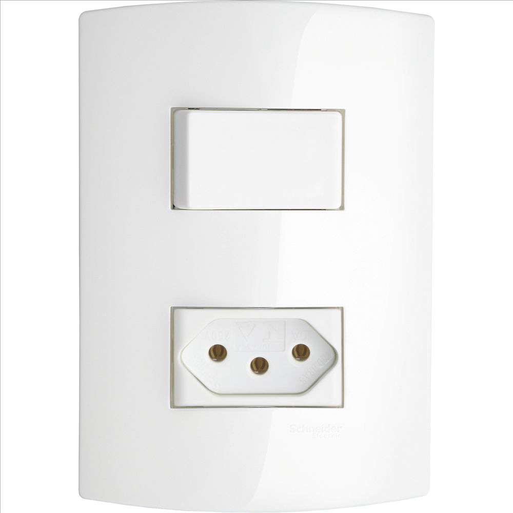 Interruptor Conjunto Embutir 1 Tecla Simples + 1 Tomada 2P+T 10A/250VCA 4x2 Branco Linha Lumen com Placa