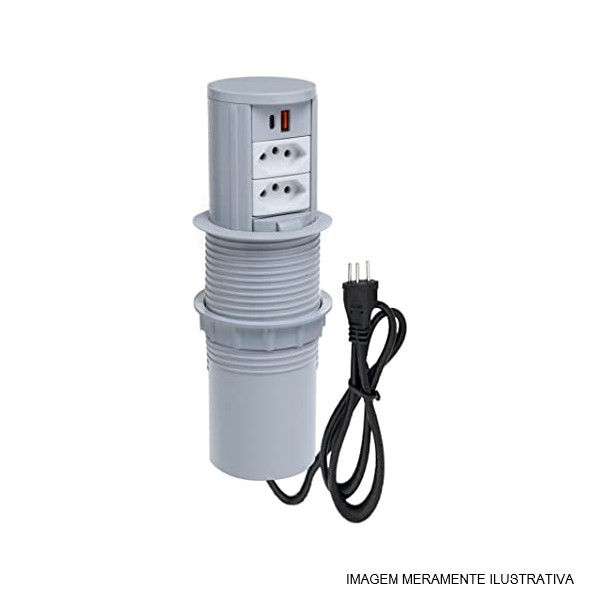 Mini Totem Manual com 2 Tomada 2P+T 20A + 2 USB Metal e PVC Cinza QTMOV Pratik Cabo Alimentação 3x1,50 mm²