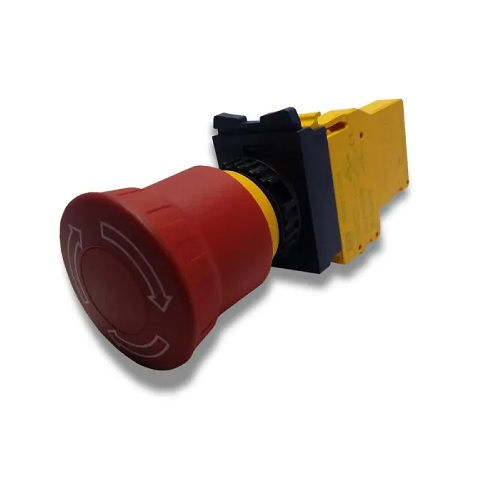 Botão Botão Emergência com Trava PVC Circular 22,00 mm Amarelo/Vermelho com Elemento 1NF Opaco Puxa para Soltar com Monitoramento