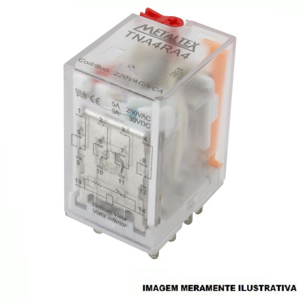 Relé Interface Relé Interface Eletromecânico TNA 5A 220VCA 4 Contatos Reversíveis com LED sem Base Plugável
