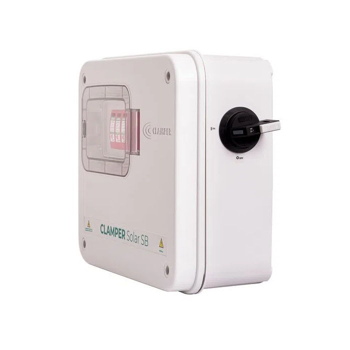 Caixa String BOX Policarbonato Transparente (A)253,3x(L)308,3x(P)112,5 mm com Seccionadora 32A com 1 DPS 40 KA 1040VCC 1 ENTRADA/1 Saída Branca