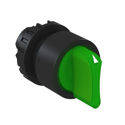 Comutador PVC Comando Iluminado 22 mm Aro Preto com 3 Posições 45G Fixo Manopla Curta Verde