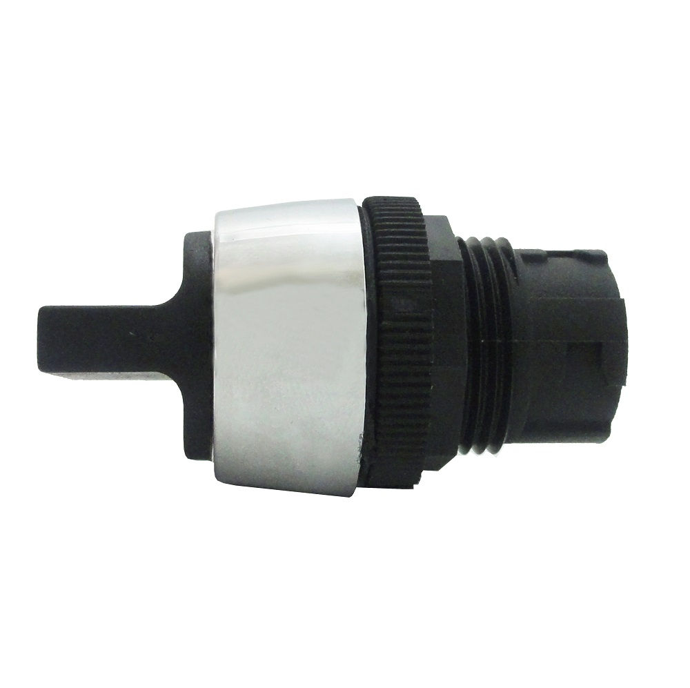 Comutador PVC Comando 22 mm Aro Cromado com 2 Posições 90G com Retenção Manopla Curta Preto a Direita