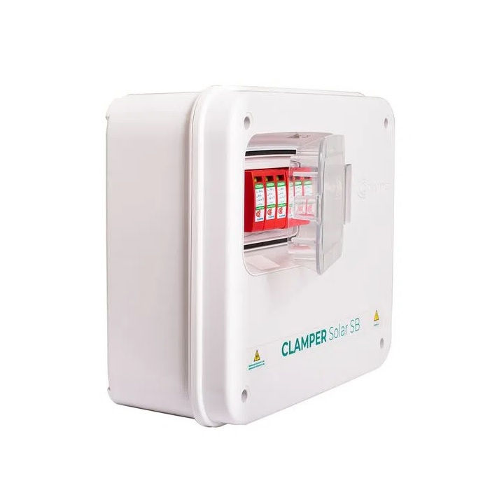 Caixa String BOX Policarbonato Transparente (A)253,3x(L)308,3x(P)112,5 mm com Seccionadora 32A com 2 DPS 40 KA 1040VCC 2 ENTRADAS/2 Saídas Branca