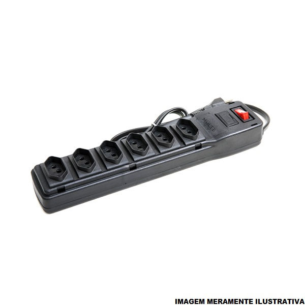 Filtro de Linha PVC com 6 Tomadas 2P+T 10A Bivolt com Fusível com Botão Liga/Desliga Preto com Cabo 1 M