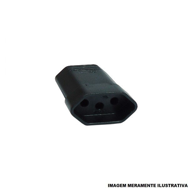 Plugue Fêmea 2P+T 10A 250VCA PVC Preto com Prensa Cabo
