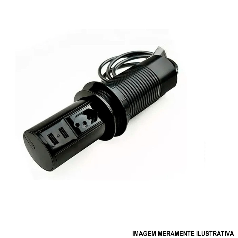 Mini Totem Automático com 1 Tomada 2P+T 20A + 2 USB PVC Preto QTMOV Pratik