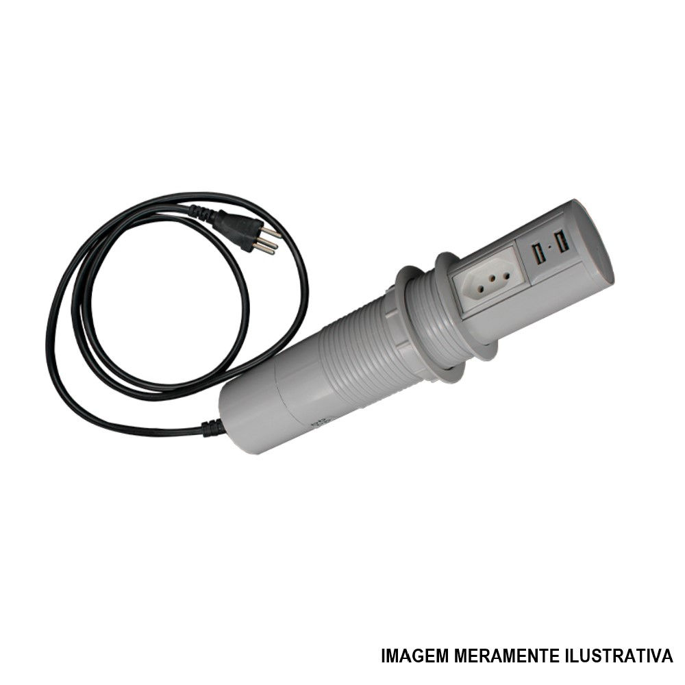 Mini Totem Automático com 1 Tomada 2P+T 20A + 2 USB PVC Cinza QTMOV Pratik