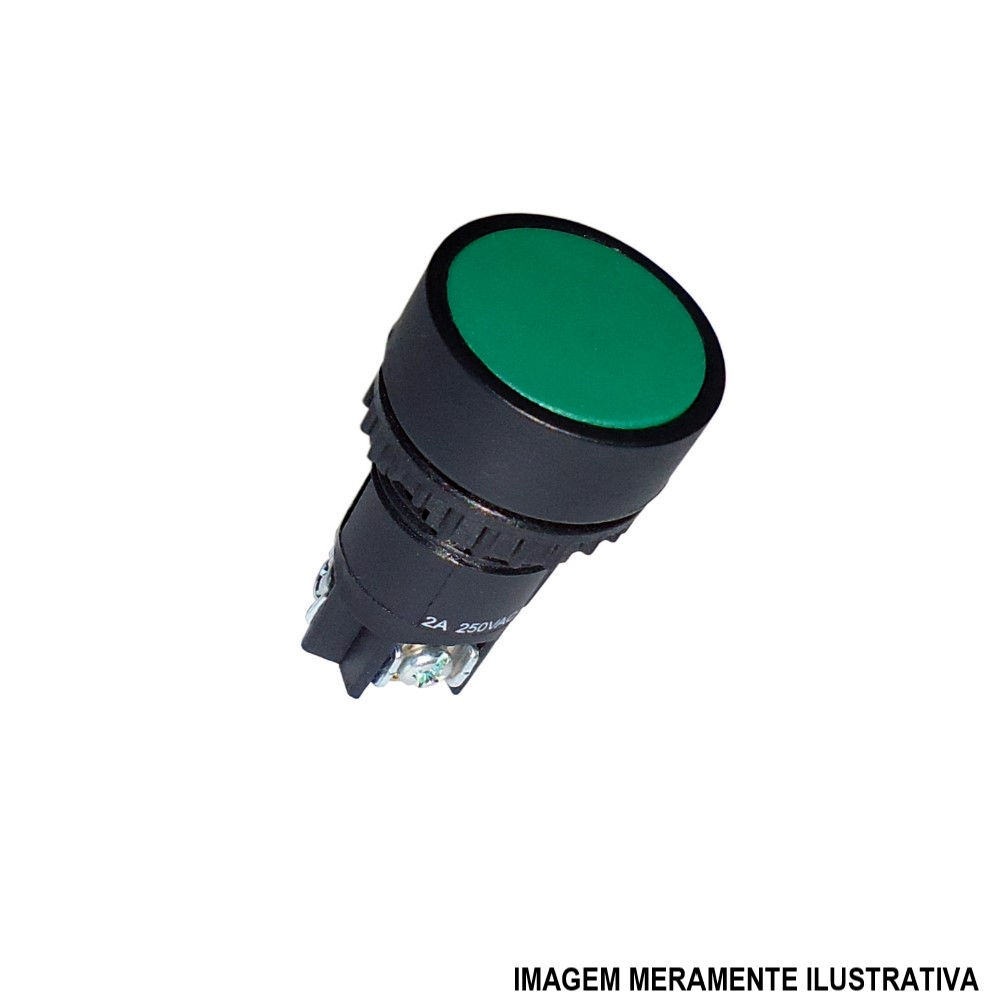 Botão Botão Pulsador PVC Faceado 22,00 mm Verde Aro Preto com Elemento 1NAF Opaco sem Gravação