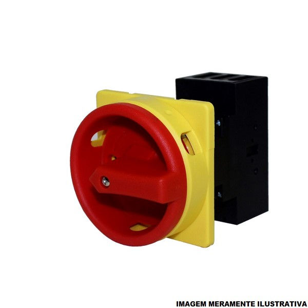 Chave Seccionadora Rotativa KP1 Tripolar 690VCA 32A sem Porta Fusível para Porta de Painel com Manopla Vermelha IP65