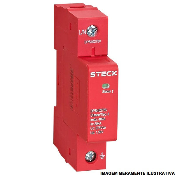 Dispositivo DPS Unipolar 20 KA/40 KA 275VCA Proteção Contra Surto DIN Classe II Vermelho com Refil