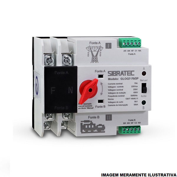 Chave Transferência Chave Transferência Automática Bipolar 70A 220/400VCA para Gerador Trilho DIN com Alavanca