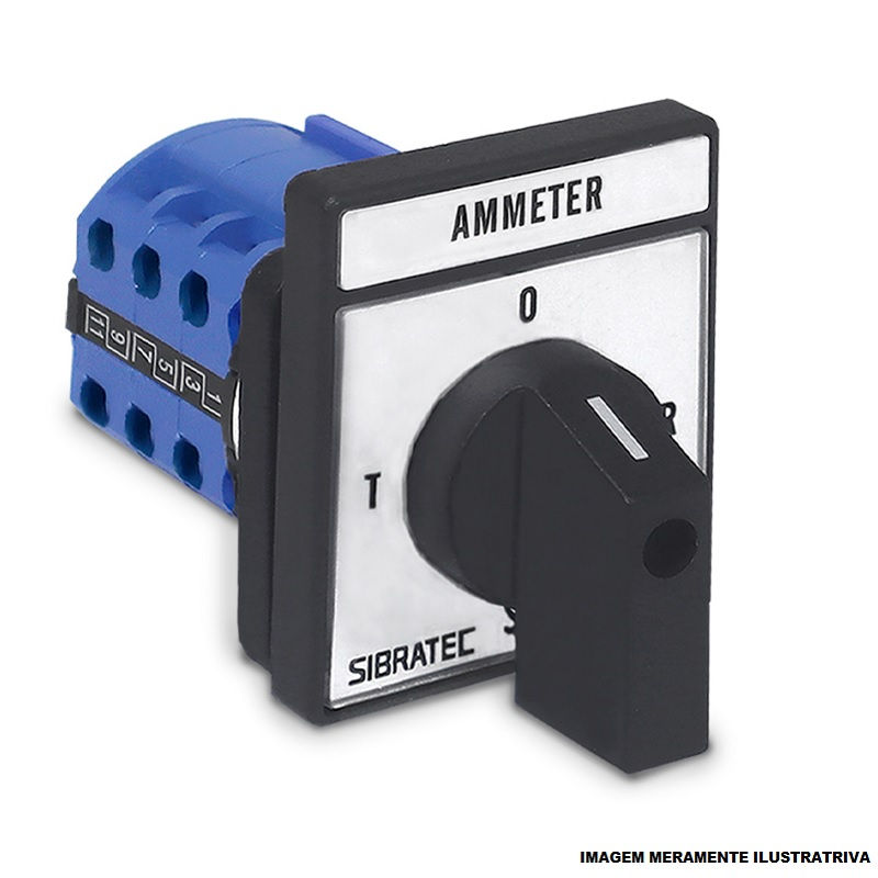 Chave Comutadora PVC para Amperímetro com Manopla Curta 4 Posições 360G com Fixação Frontal Tripolar 20A 220/380VCA 60x49x82 mm