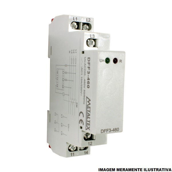 Relé Falta de Fase Relé Falta de Fase DFF3-460 10A 220-460VCA 1 Contato Reversível (NAF) 50/60 Hz com Assimetria e Inversão Fases