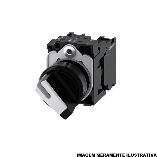 Comutador PVC Comando Iluminado 22 mm Aro Preto 1NA+1NF com 2 Posições 90G Manopla Curta Branco Conexão Parafusada