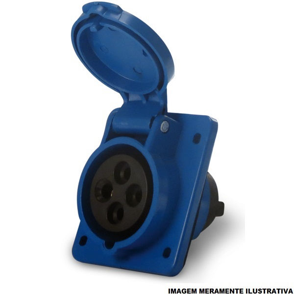 Tomada PVC 2P+T 6H Embutir Industrial 16A/250V com Tampa Azul IP44