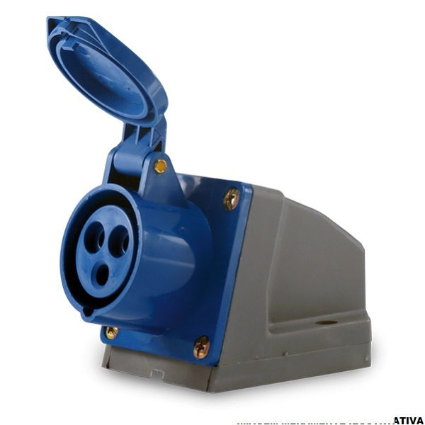 Tomada PVC 2P+T 6H Sobrepor Industrial 16A/220VCA com Tampa Azul IP44