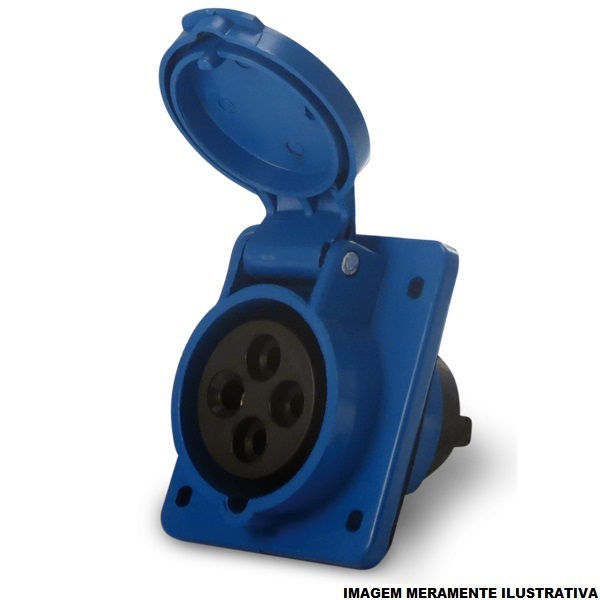Tomada PVC 2P+T 6H Embutir Industrial 32A/220VCA com Tampa Azul IP44