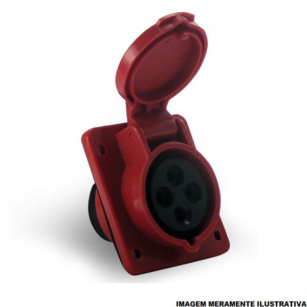 Tomada PVC 2P+T 9H Embutir Industrial 16A/380/440VCA com Tampa Vermelha IP44