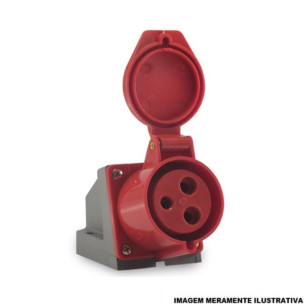 Tomada PVC 2P+T 9H Sobrepor Industrial 16A/380/440VCA com Tampa Vermelha IP44