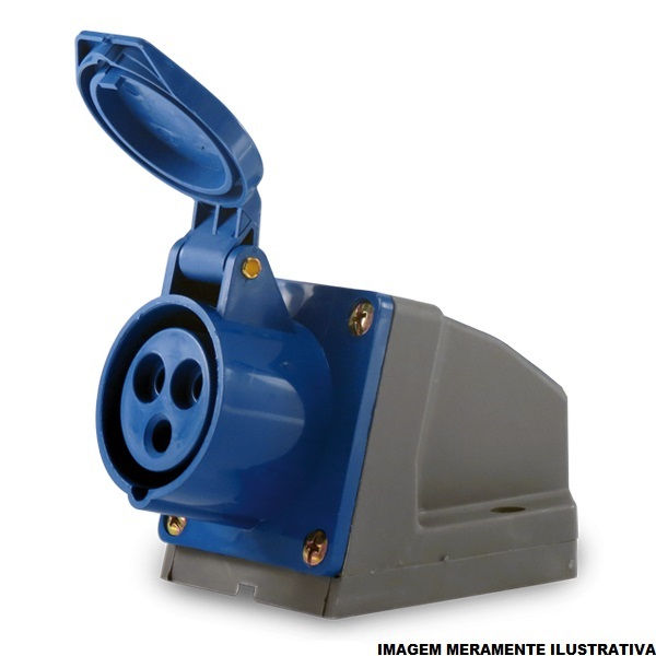 Tomada PVC 3P+T 9H Sobrepor Industrial 16A/220VCA com Tampa Azul IP44