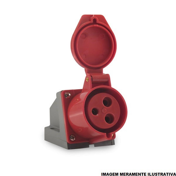 Tomada PVC 3P+T 6H Sobrepor Industrial 16A/380VCA com Tampa Vermelha IP44