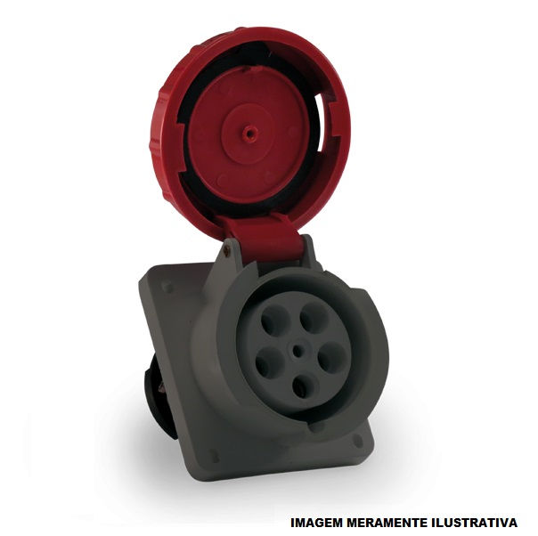 Tomada PVC 3P+T 6H Embutir Industrial 63A/380/440VCA com Tampa Vermelha IP67
