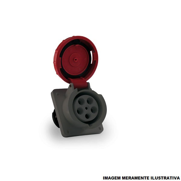 Tomada PVC 3P+T+N 6H Embutir Industrial 63A/380/440VCA com Tampa Vermelha IP67