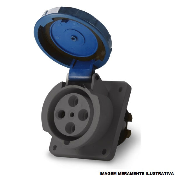 Tomada PVC 3P+T 9H Embutir Industrial 63A/220VCA com Tampa Azul IP67