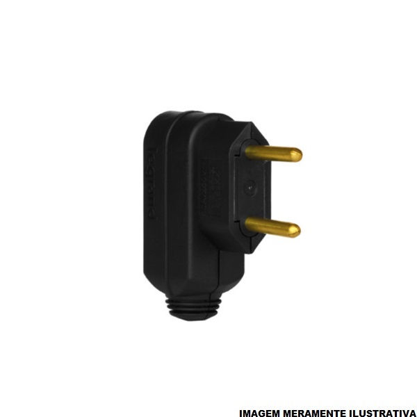 Plugue Macho Saída Lateral 2P 10A 250VCA PVC Preto