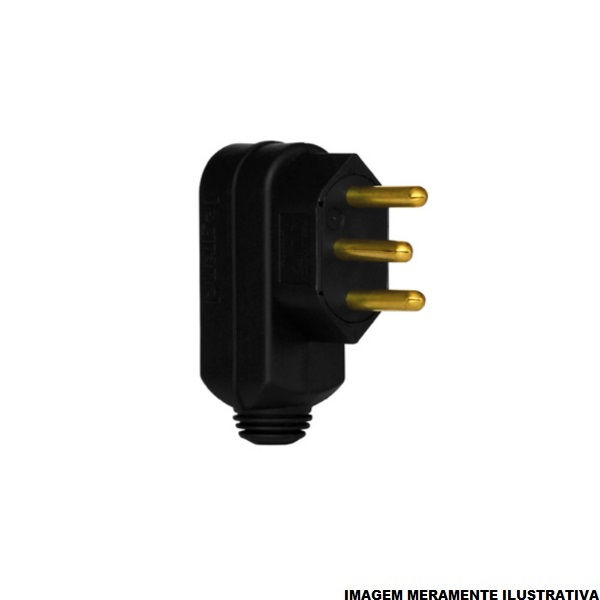 Plugue Macho Saída Lateral 2P+T 10A 250VCA PVC Preto