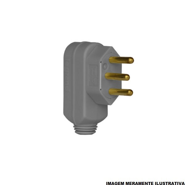 Plugue Macho Saída Lateral 2P+T 10A 250VCA PVC Cinza
