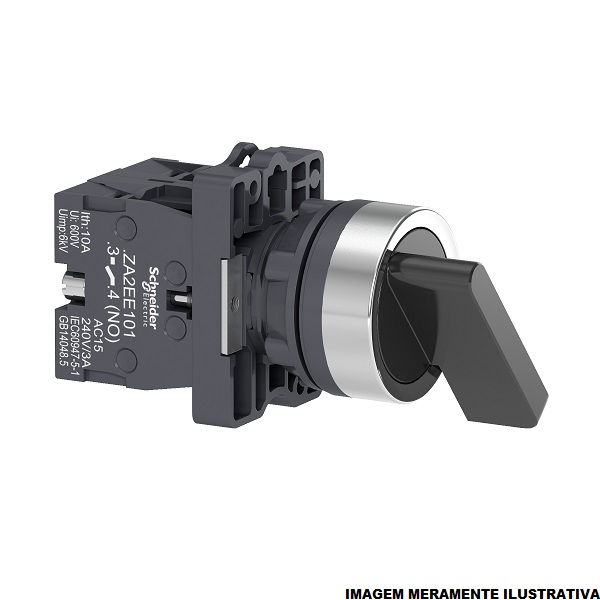 Comutador PVC Comando 22 mm Aro Cromado 2NA com 3 Posições 45G com Retorno Manopla Longa Preto