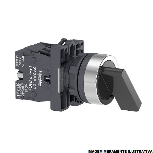 Comutador PVC Comando 22 mm Aro Cromado 1NA+1NF com 2 Posições 45G com Trava Manopla Longa Preto