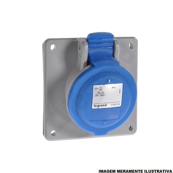 Tomada PVC 2P+T Embutir Industrial 16A/200/250VCA com Tampa Azul IP44