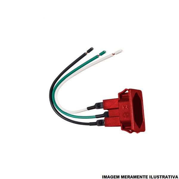 Tomada PVC 2P+T Retangular para Painel 10A/250VCA sem Placa Vermelha com Rabicho 150 mm