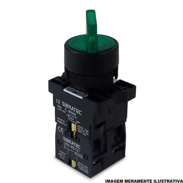 Comutador PVC Comando 22 mm Aro Preto 2NA com 3 Posições 45G Manopla Curta Verde