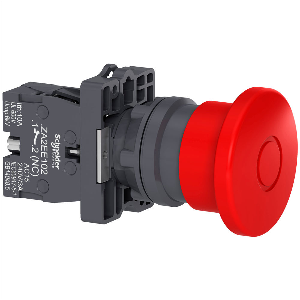 Botão Botão Emergência PVC Cogumelo 22,00 mm Vermelho Aro Preto com Elemento 1NF Opaco Puxa Destrava 40 mm
