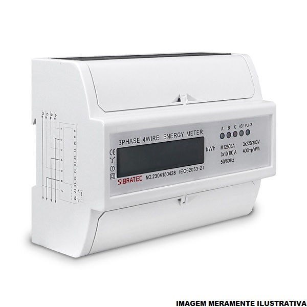 Medidor Digital Energia Ativa Trifásico M1250SA Display LCD 127-220VCA 220-380VCA 100A 100x123x65 mm