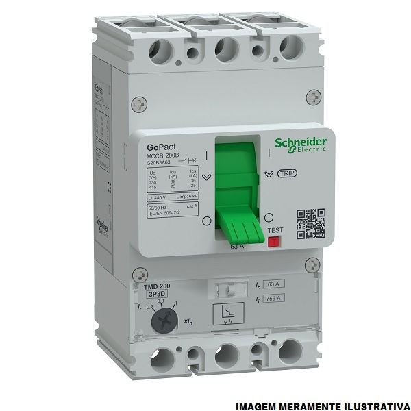 Disjuntor Termomagnético Ajustável Tripolar Gopact 63A 36 KA/25 KA 220/380VCA Caixa Moldada Térmico Ajustável