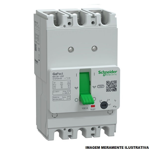 Disjuntor Termomagnético Fixo Tripolar Gopact 100A 50 KA/30 KA 220/380VCA Caixa Moldada Térmico Ajustável