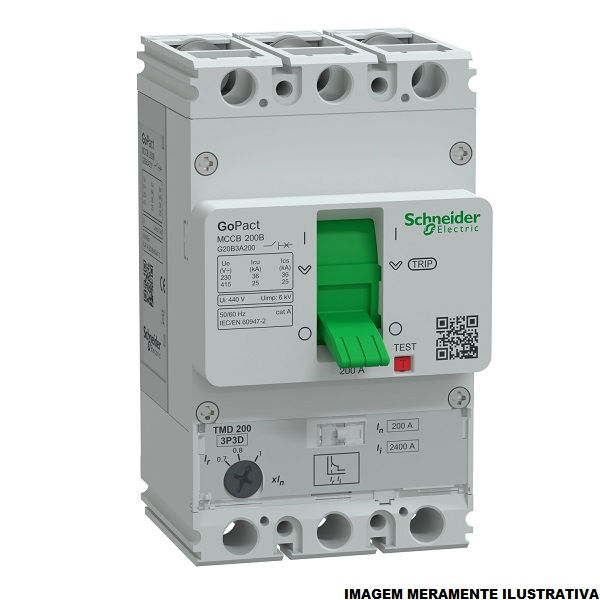 Disjuntor Termomagnético Ajustável Tripolar Gopact 200A 36 KA/25 KA 220/380VCA Caixa Moldada Térmico Ajustável
