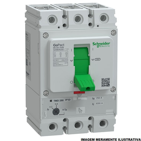 Disjuntor Termomagnético Ajustável Tripolar Gopact 250A 36 KA/25 KA 220/380VCA Caixa Moldada Térmico Ajustável