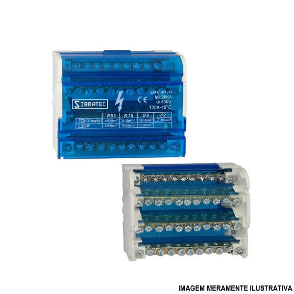 Bloco Distribuição para Trilho DIN 125A 20 KA Tetrapolar 11 Terminais