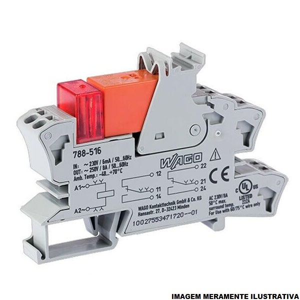 Acoplador Relé Acoplador Relé 220VCA 2 Contatos Reversíveis LED Vermelho 8A 15 mm Trilho DIN