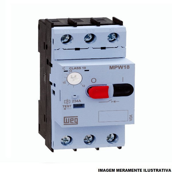 Disjuntor Motor Tripolar MPW18 12,00-18,00A Classe 10 Acionamento para Botão Impulso DIN Conexão para Parafuso