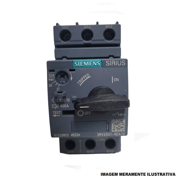 Disjuntor Motor Tripolar 3RV2021 27,00-32,00A Classe 10 com Acionamento Rotativo DIN S0 Conexão para Parafuso