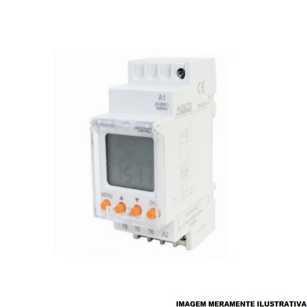 Relé Programador Relé Programador Horário TM 16A 24-264VCA/CC 2 Contatos Reversíveis Dias/Semanas Fixação Trilho DIN 90 Programações